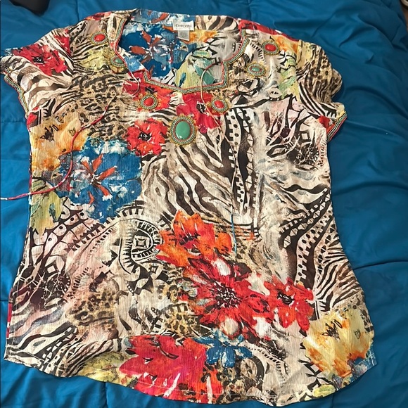Chico's Vibrant Red and Blue Tropical Blouse - Picture 1 of 3